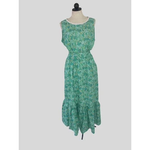 Vintage Womens Dress Size XL Green Floral Handmade Maxi Pockets Belt Cottagecore - Picture 1 of 12